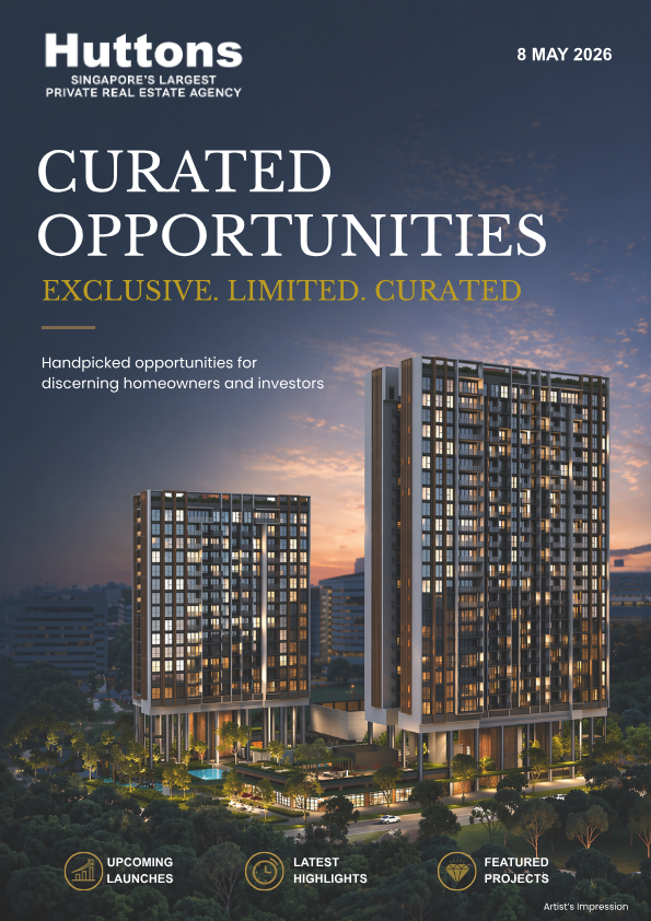 Huttons Curated Opportunities brochure cover — featuring the Media Circle development, Exclusive · Limited · Curated