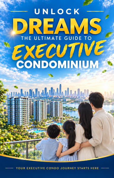 Huttons Unlock Dreams brochure cover — The Ultimate Guide to Executive Condominium, with a young family looking out at a Singapore condo skyline